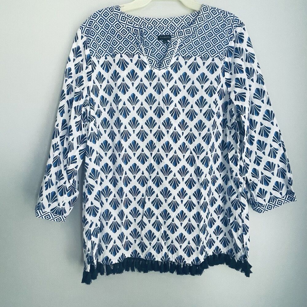Talbots Tasseled Hem Tunic Women's Size L Blue White Cotton Coastal Beach Resort